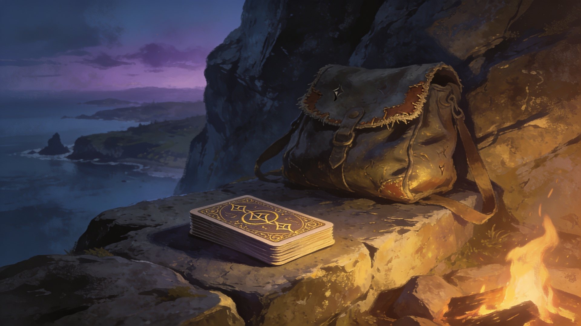 A traveler's satchel and a stacked deck of rune-backed cards resting by a campfire