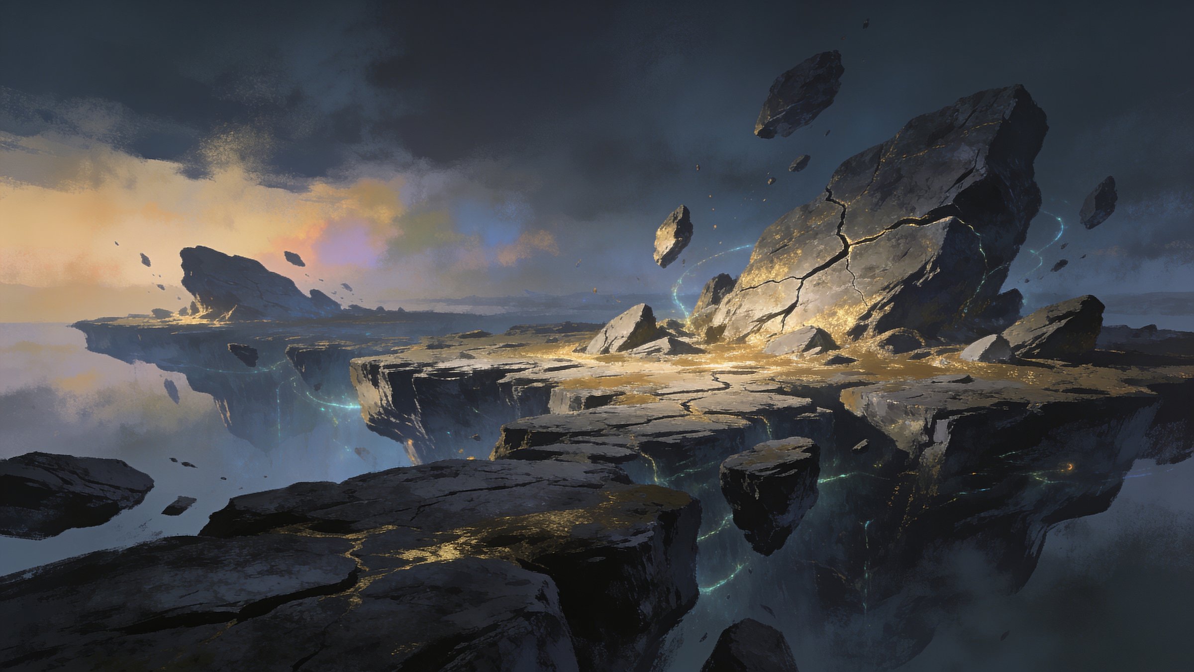 A vast weathered floating isle, cracked stone held together by faint magical light