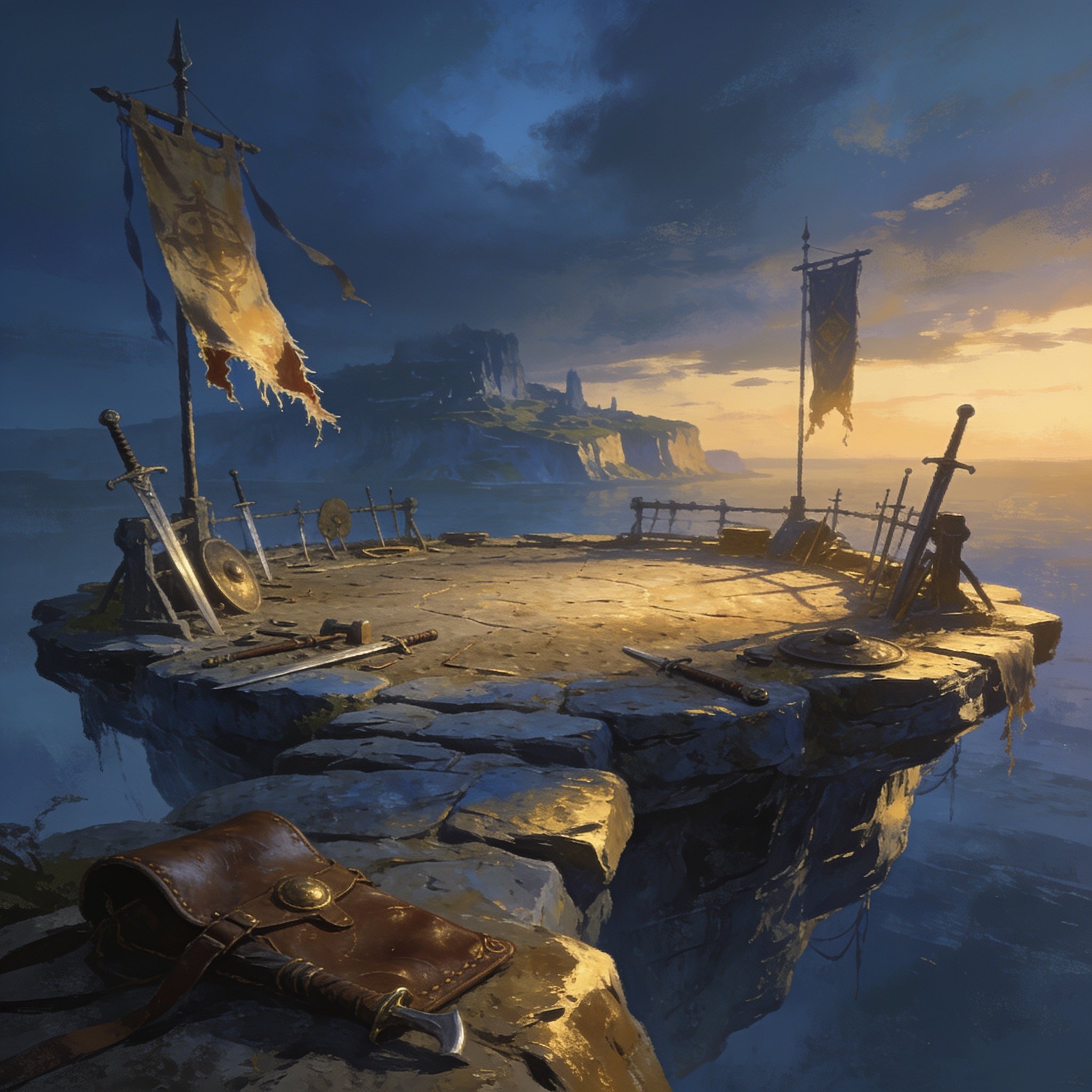 An empty weathered training ground on a floating isle, practice weapons and worn banners